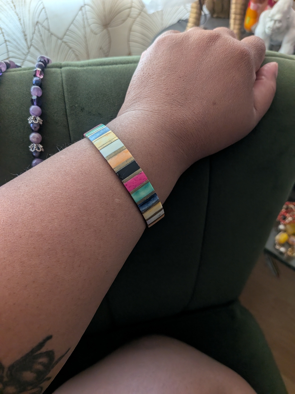 vintage multicolored inlaid striped dyed bone and brass bracelet.